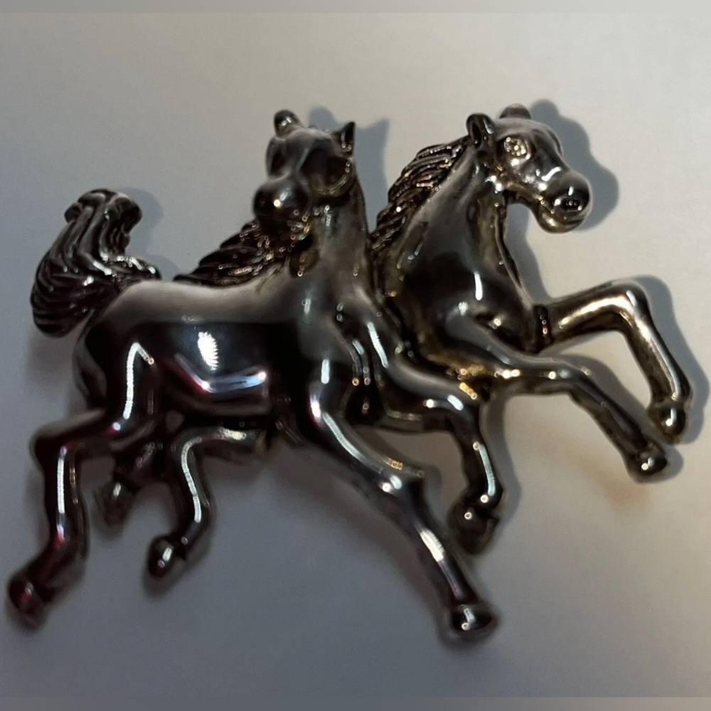 Vintage Silver Tone Running Horses Brooch Pendant